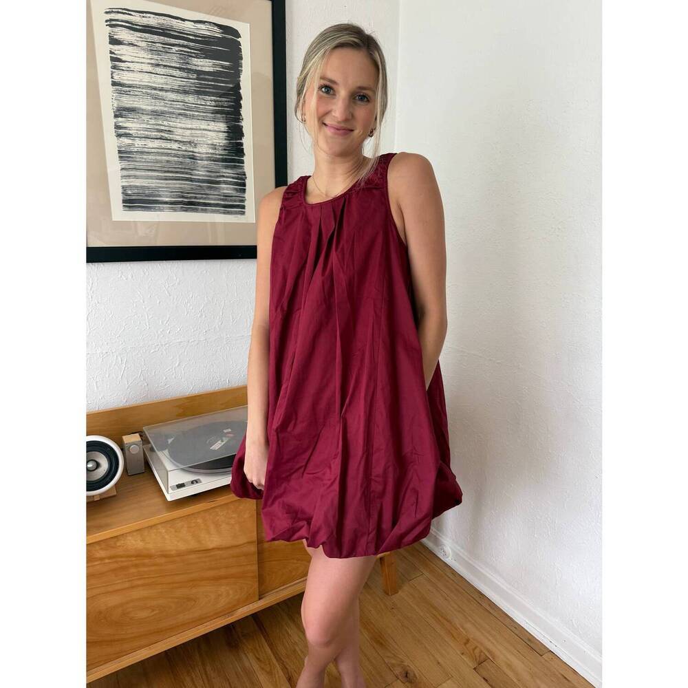 NEW SOFIE THE LABEL poplin bubble hem mini dress in burgundy